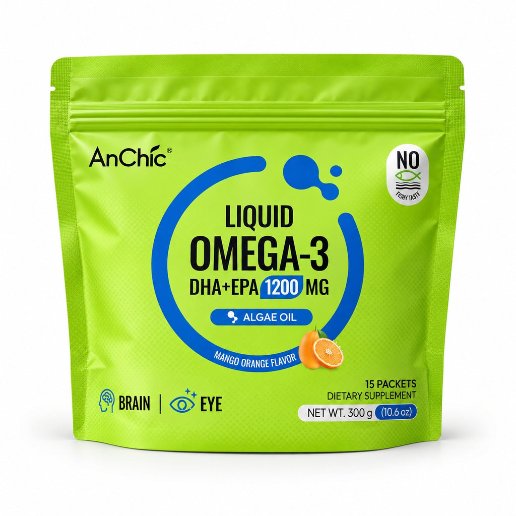 AnChic Liquid Omega-3 Algae Oil Supplement | 1200mg DHA + EPA Per Serving | Plant-Based Vegan Omega 3 | Supports Brain & Eye Health | No Fishy Taste, Mango Orange Flavor | 15 Single-Serve Packets
