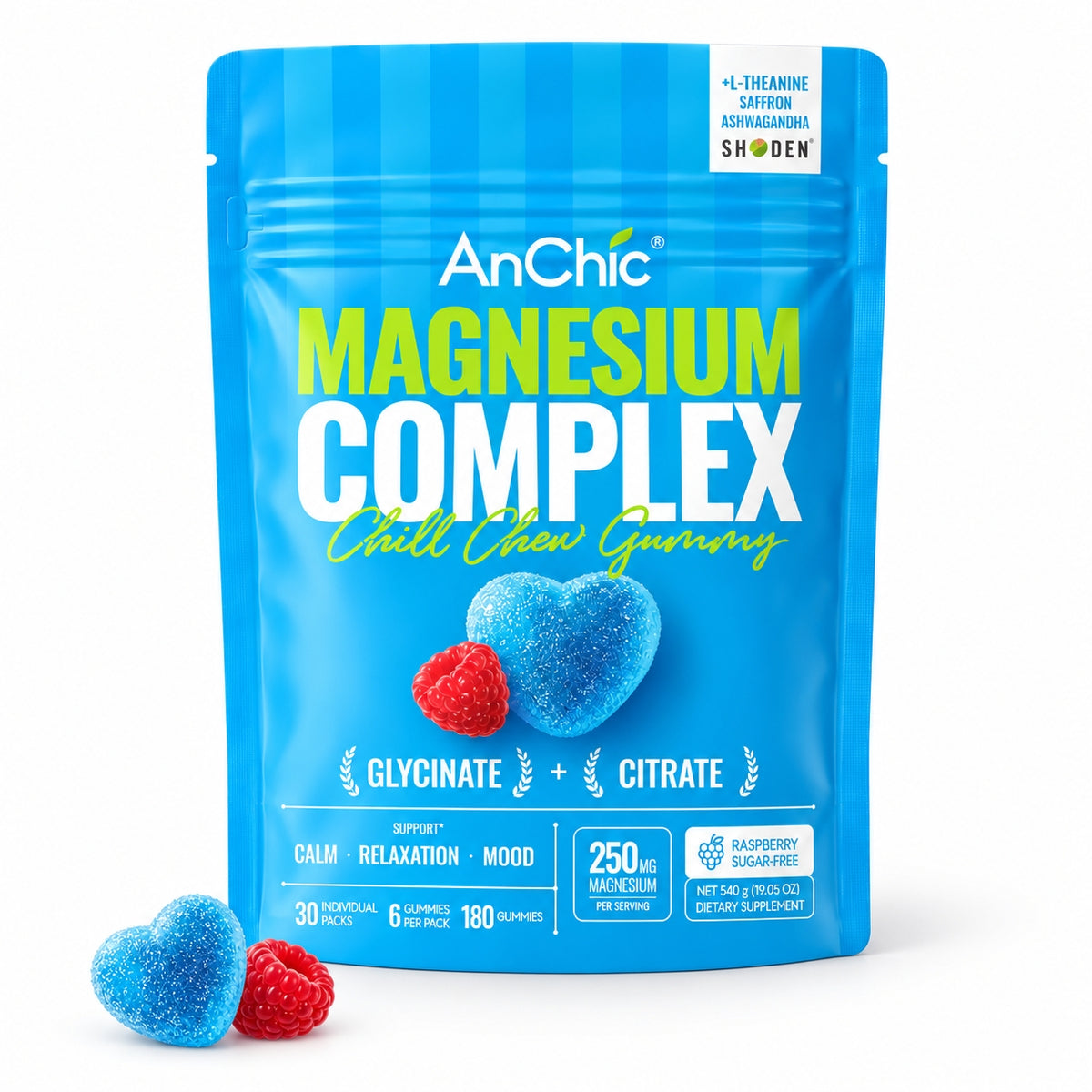 AnChic Chill Chew Magnesium Complex Gummies | 250mg Magnesium Glycinate + Citrate with L-Theanine, Ashwagandha & Saffron | Supports Calm, Relaxation & Mood Balance | Sugar-Free Raspberry, 30 Single-Serve Packets
