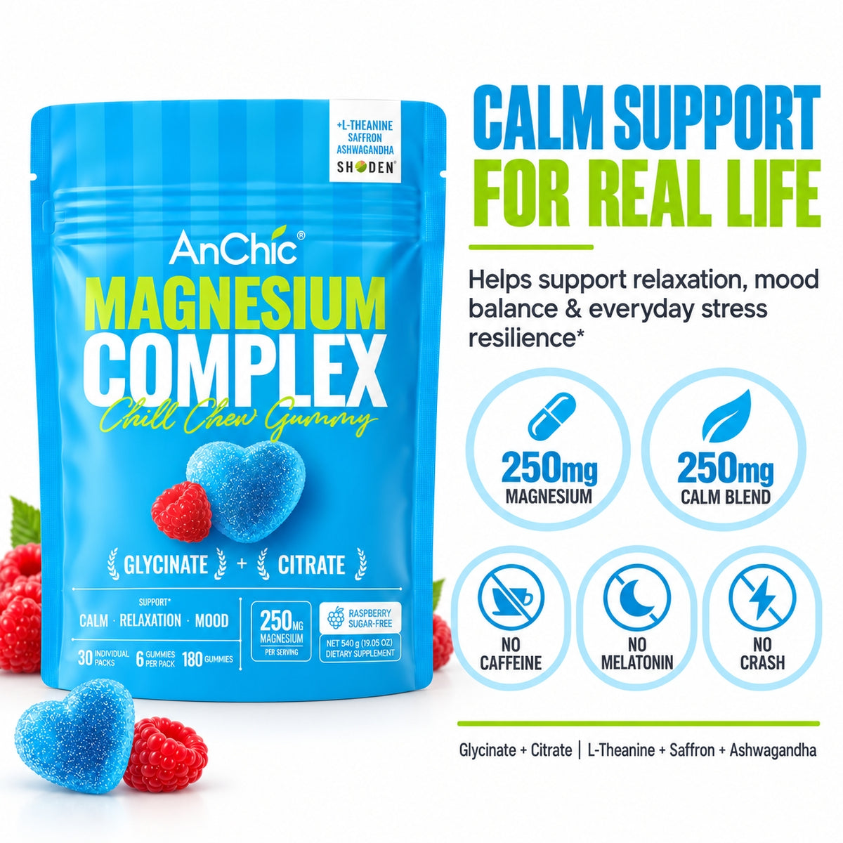 AnChic Chill Chew Magnesium Complex Gummies | 250mg Magnesium Glycinate + Citrate with L-Theanine, Ashwagandha & Saffron | Supports Calm, Relaxation & Mood Balance | Sugar-Free Raspberry, 30 Single-Serve Packets