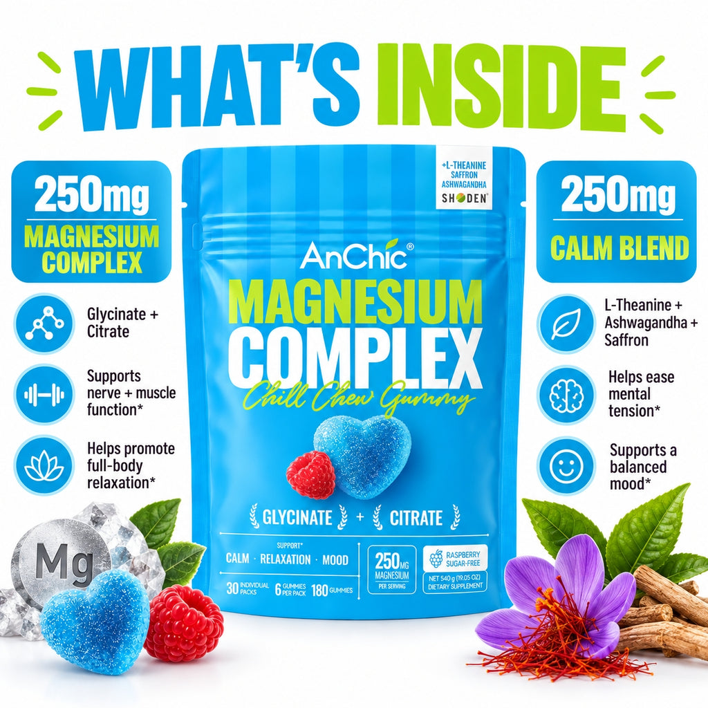 AnChic Chill Chew Magnesium Complex Gummies | 250mg Magnesium Glycinate + Citrate with L-Theanine, Ashwagandha & Saffron | Supports Calm, Relaxation & Mood Balance | Sugar-Free Raspberry, 30 Single-Serve Packets