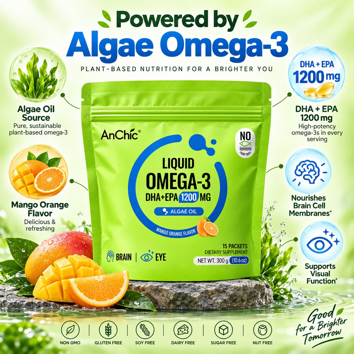 AnChic Liquid Omega-3 Algae Oil Supplement | 1200mg DHA + EPA Per Serving | Plant-Based Vegan Omega 3 | Supports Brain & Eye Health | No Fishy Taste, Mango Orange Flavor | 15 Single-Serve Packets
