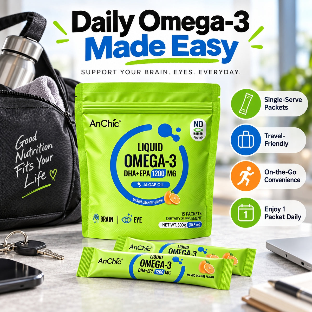 AnChic Liquid Omega-3 Algae Oil Supplement | 1200mg DHA + EPA Per Serving | Plant-Based Vegan Omega 3 | Supports Brain & Eye Health | No Fishy Taste, Mango Orange Flavor | 15 Single-Serve Packets