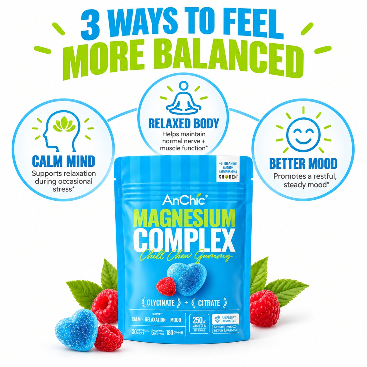 AnChic Chill Chew Magnesium Complex Gummies | 250mg Magnesium Glycinate + Citrate with L-Theanine, Ashwagandha & Saffron | Supports Calm, Relaxation & Mood Balance | Sugar-Free Raspberry, 30 Single-Serve Packets