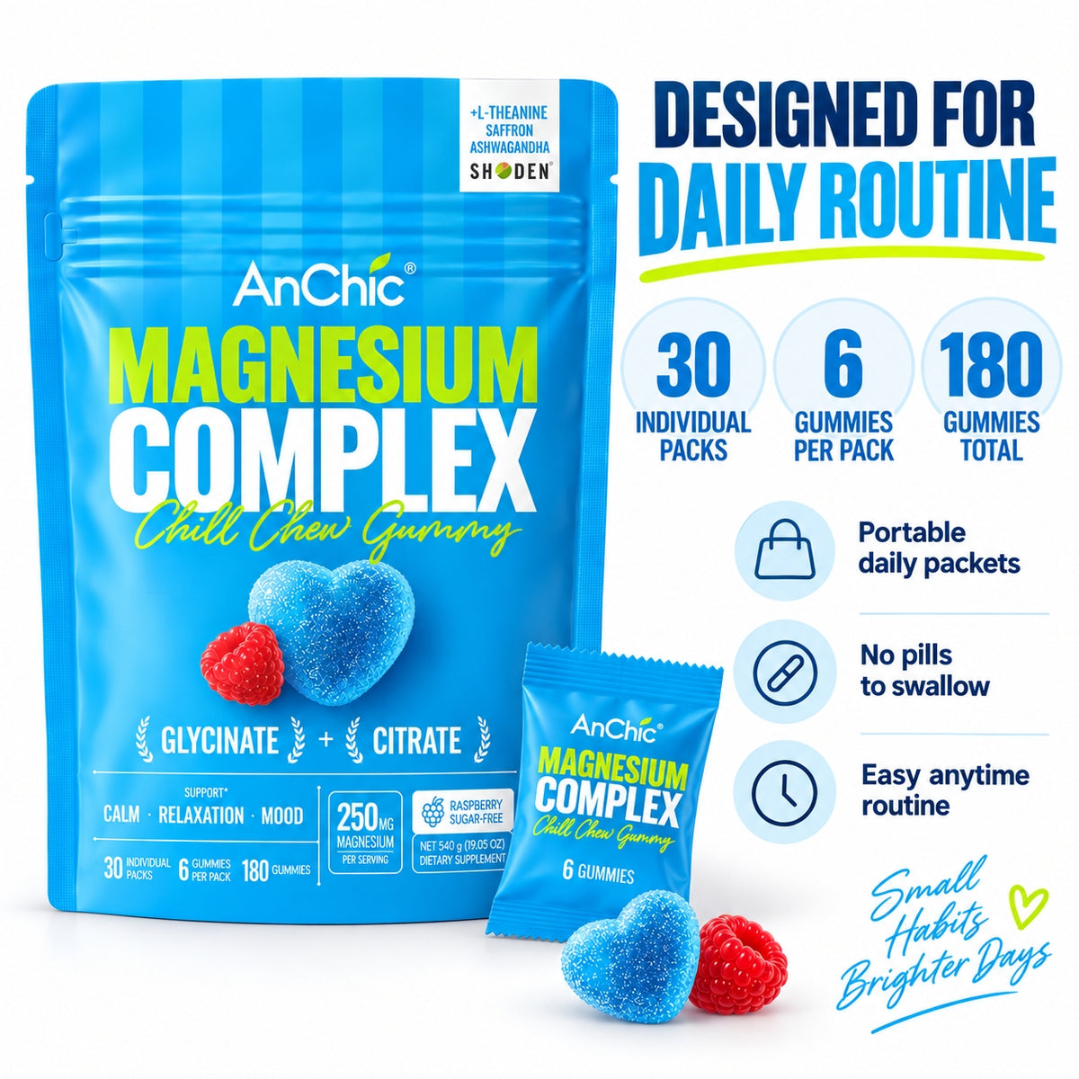 AnChic Chill Chew Magnesium Complex Gummies | 250mg Magnesium Glycinate + Citrate with L-Theanine, Ashwagandha & Saffron | Supports Calm, Relaxation & Mood Balance | Sugar-Free Raspberry, 30 Single-Serve Packets