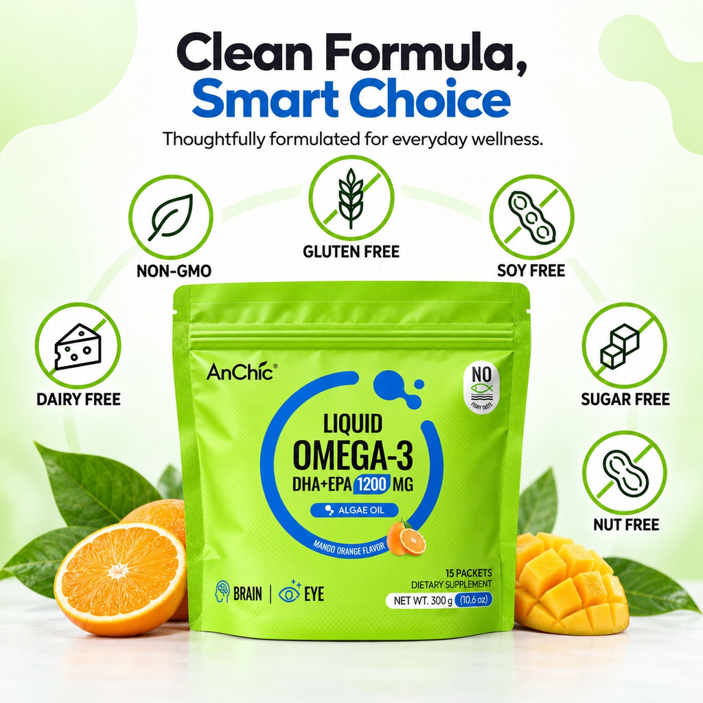 AnChic Liquid Omega-3 Algae Oil Supplement | 1200mg DHA + EPA Per Serving | Plant-Based Vegan Omega 3 | Supports Brain & Eye Health | No Fishy Taste, Mango Orange Flavor | 15 Single-Serve Packets