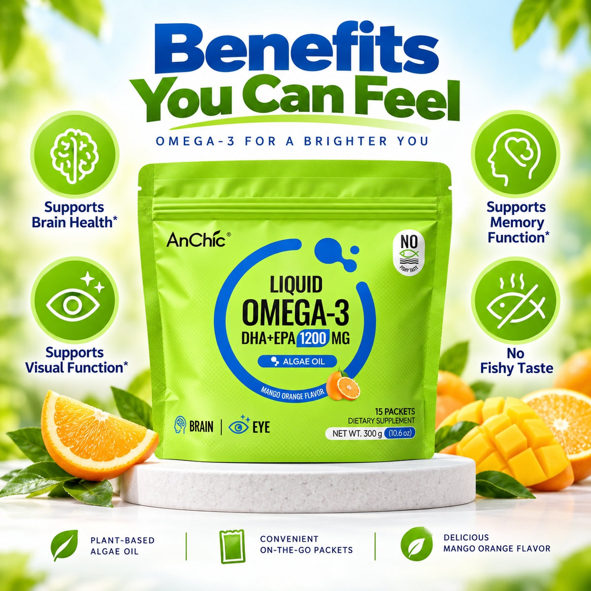 AnChic Liquid Omega-3 Algae Oil Supplement | 1200mg DHA + EPA Per Serving | Plant-Based Vegan Omega 3 | Supports Brain & Eye Health | No Fishy Taste, Mango Orange Flavor | 15 Single-Serve Packets