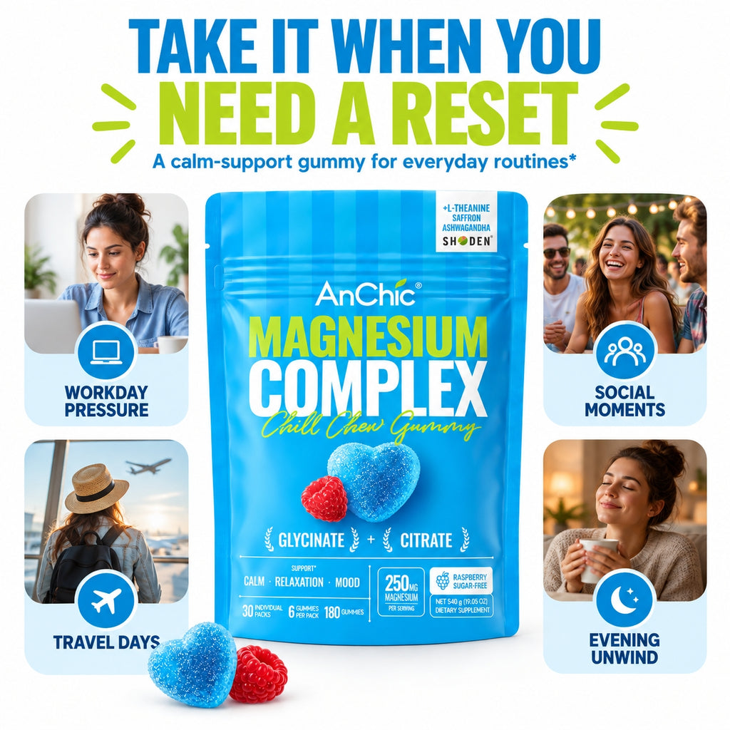 AnChic Chill Chew Magnesium Complex Gummies | 250mg Magnesium Glycinate + Citrate with L-Theanine, Ashwagandha & Saffron | Supports Calm, Relaxation & Mood Balance | Sugar-Free Raspberry, 30 Single-Serve Packets