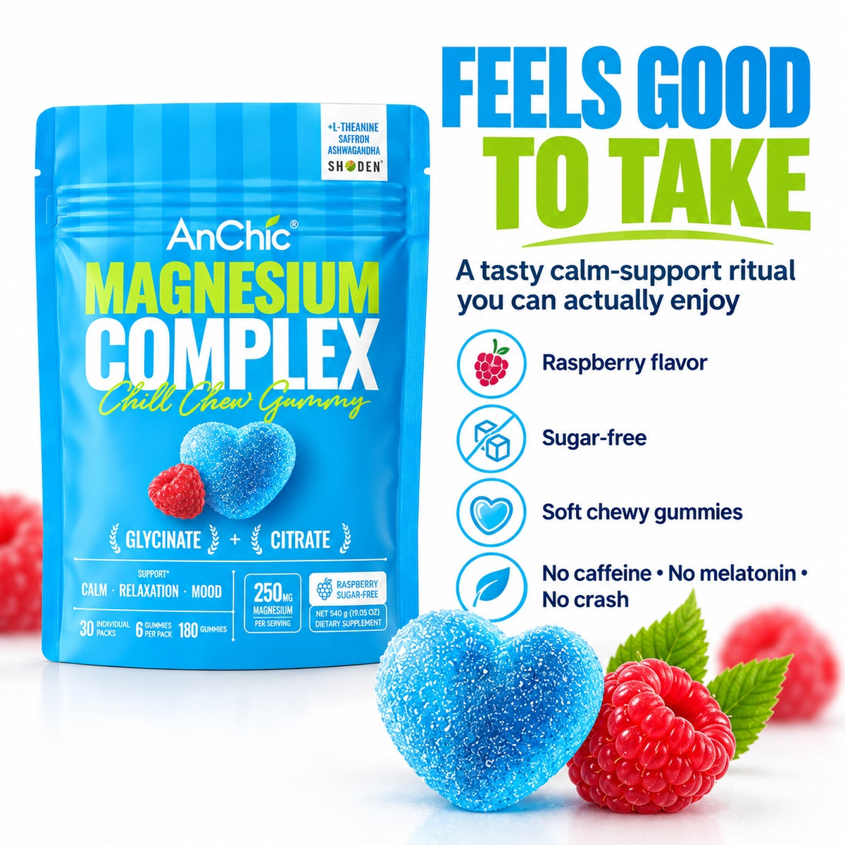 AnChic Chill Chew Magnesium Complex Gummies | 250mg Magnesium Glycinate + Citrate with L-Theanine, Ashwagandha & Saffron | Supports Calm, Relaxation & Mood Balance | Sugar-Free Raspberry, 30 Single-Serve Packets