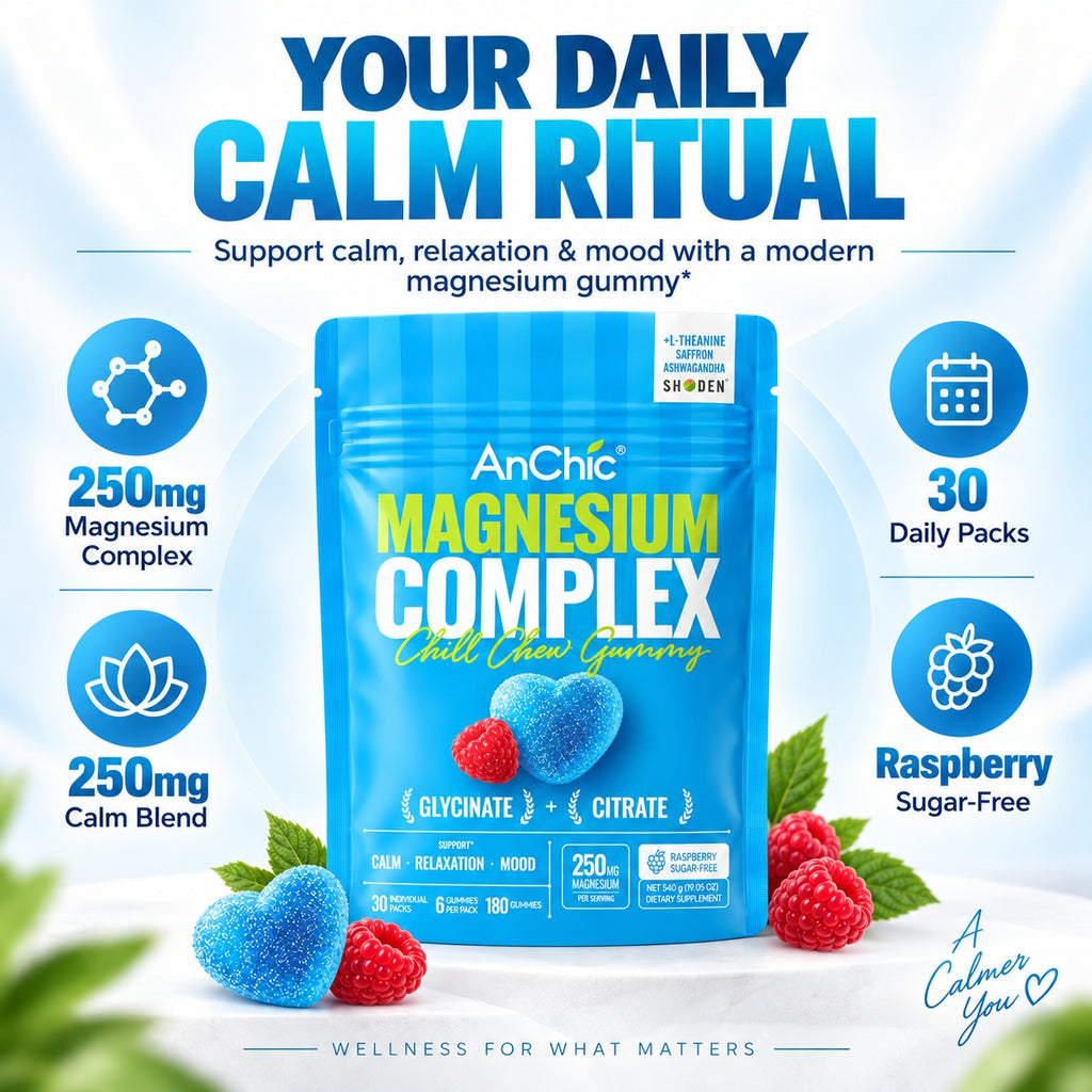AnChic Chill Chew Magnesium Complex Gummies | 250mg Magnesium Glycinate + Citrate with L-Theanine, Ashwagandha & Saffron | Supports Calm, Relaxation & Mood Balance | Sugar-Free Raspberry, 30 Single-Serve Packets