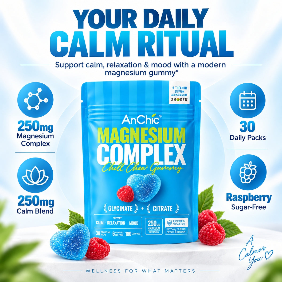 AnChic Chill Chew Magnesium Complex Gummies | 250mg Magnesium Glycinate + Citrate with L-Theanine, Ashwagandha & Saffron | Supports Calm, Relaxation & Mood Balance | Sugar-Free Raspberry, 30 Single-Serve Packets