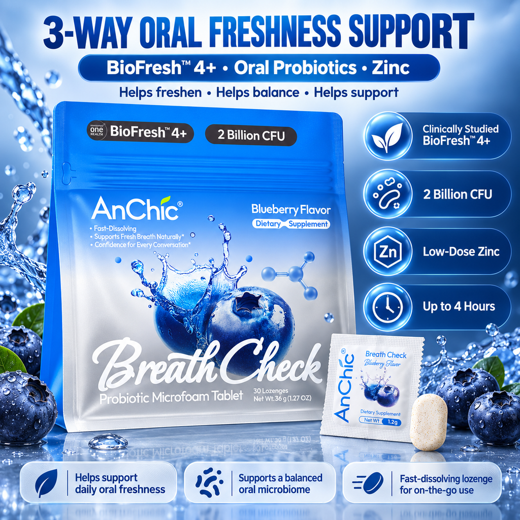 AnChic Breath Check Oral Probiotic Microfoam Tablets | Supports Fresh Breath & Balanced Oral Microbiome | Blueberry Flavor | 30 Servings
