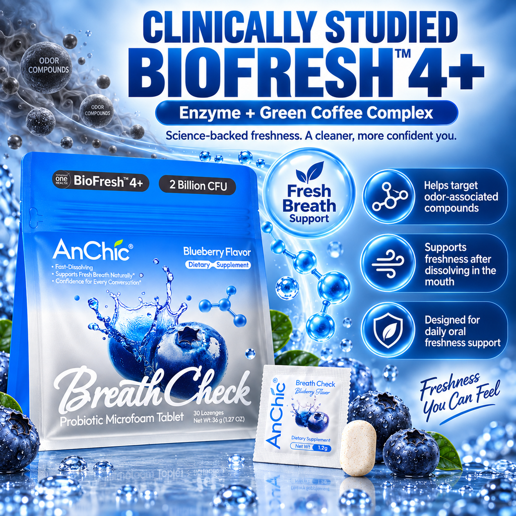 AnChic Breath Check Oral Probiotic Microfoam Tablets | Supports Fresh Breath & Balanced Oral Microbiome | Blueberry Flavor | 30 Servings