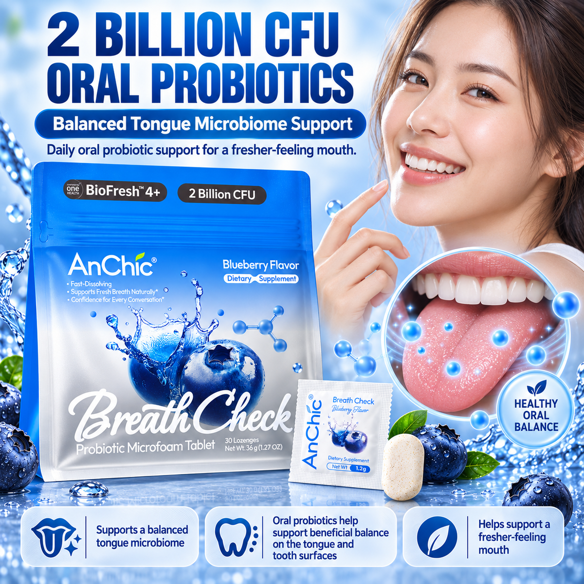 AnChic Breath Check Oral Probiotic Microfoam Tablets | Supports Fresh Breath & Balanced Oral Microbiome | Blueberry Flavor | 30 Servings