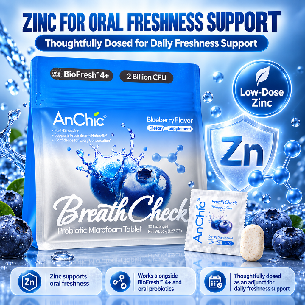 AnChic Breath Check Oral Probiotic Microfoam Tablets | Supports Fresh Breath & Balanced Oral Microbiome | Blueberry Flavor | 30 Servings