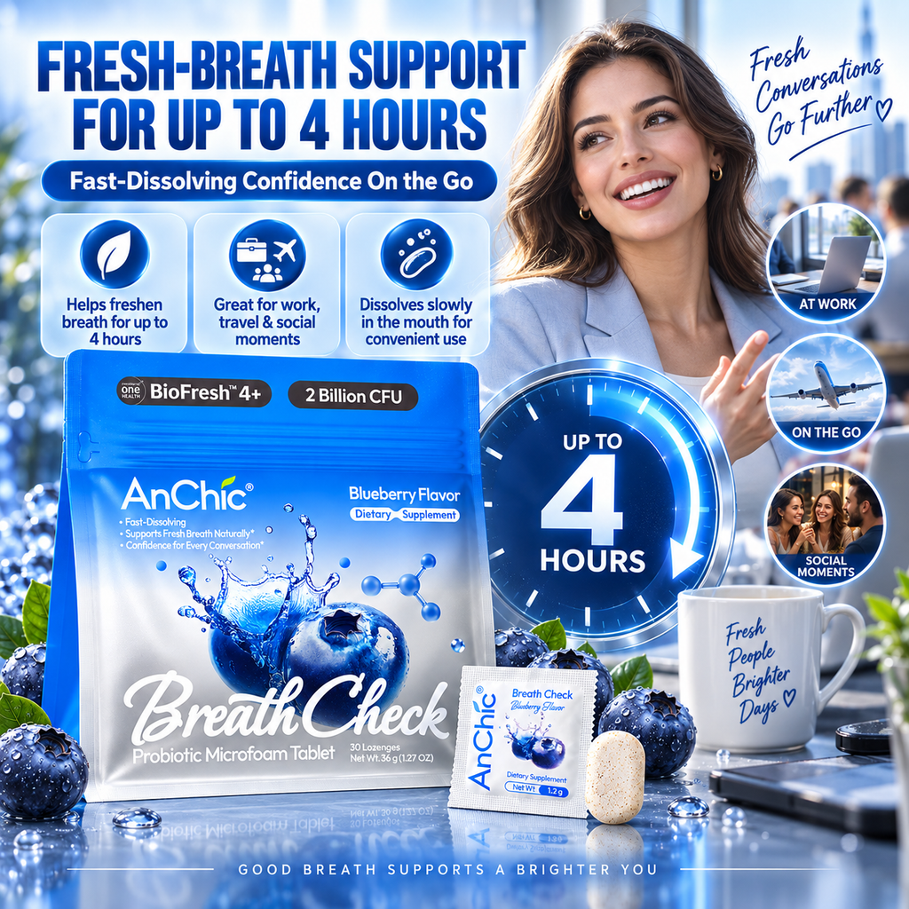 AnChic Breath Check Oral Probiotic Microfoam Tablets | Supports Fresh Breath & Balanced Oral Microbiome | Blueberry Flavor | 30 Servings