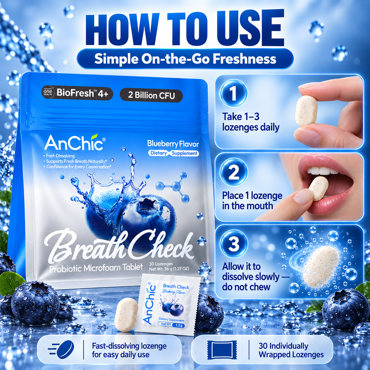 AnChic Breath Check Oral Probiotic Microfoam Tablets | Supports Fresh Breath & Balanced Oral Microbiome | Blueberry Flavor | 30 Servings