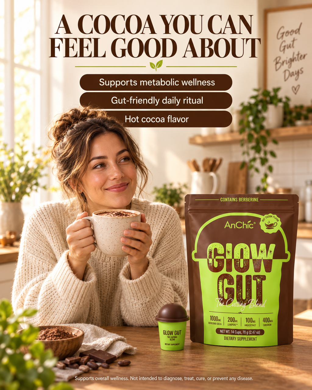 AnChic Glow Gut Cocoa Drink Mix | Swiss-Style Hot Cocoa | Supports Digestive Health & Healthy Metabolism | High Fiber for Satiety | 30 Single-Serve Packets