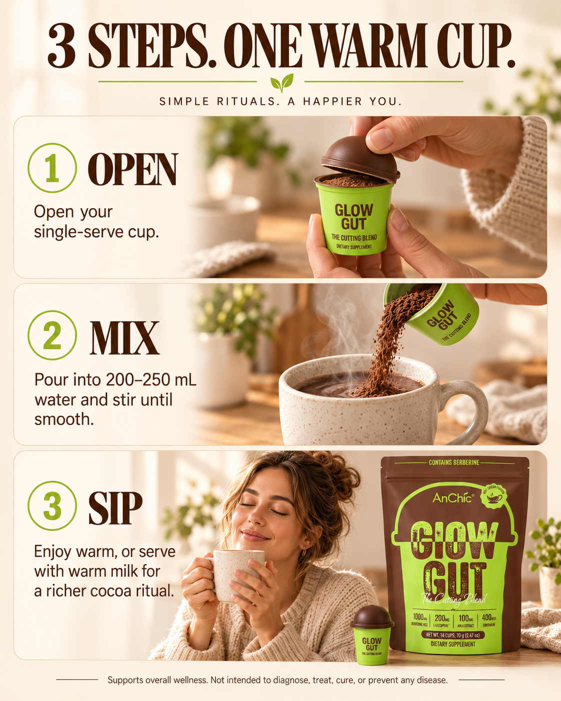 AnChic Glow Gut Cocoa Drink Mix | Swiss-Style Hot Cocoa | Supports Digestive Health & Healthy Metabolism | High Fiber for Satiety | 30 Single-Serve Packets