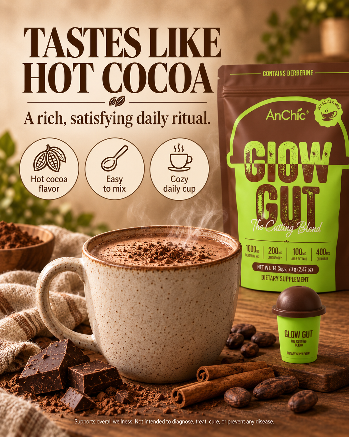 AnChic Glow Gut Cocoa Drink Mix | Swiss-Style Hot Cocoa | Supports Digestive Health & Healthy Metabolism | High Fiber for Satiety | 30 Single-Serve Packets