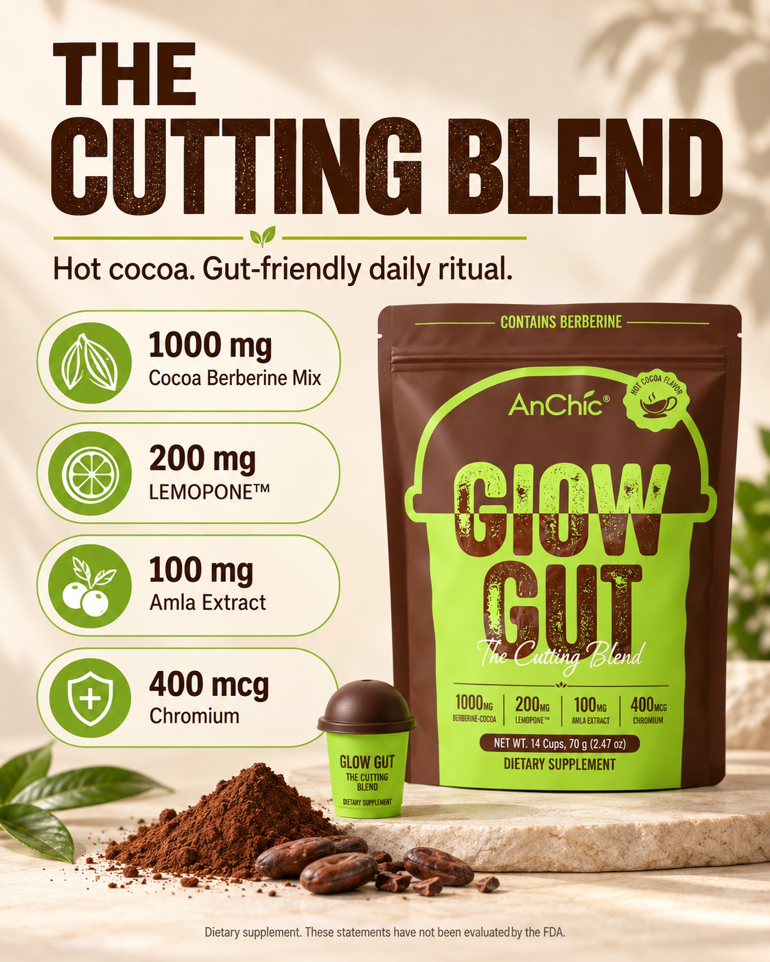 AnChic Glow Gut Cocoa Drink Mix | Swiss-Style Hot Cocoa | Supports Digestive Health & Healthy Metabolism | High Fiber for Satiety | 30 Single-Serve Packets